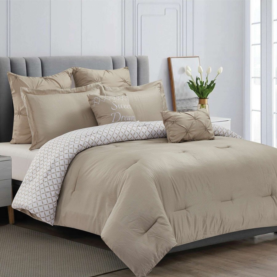 Bedding * | Crinckle 7-Piece Solid Taupe Comforter Set, Queen Best-Selling