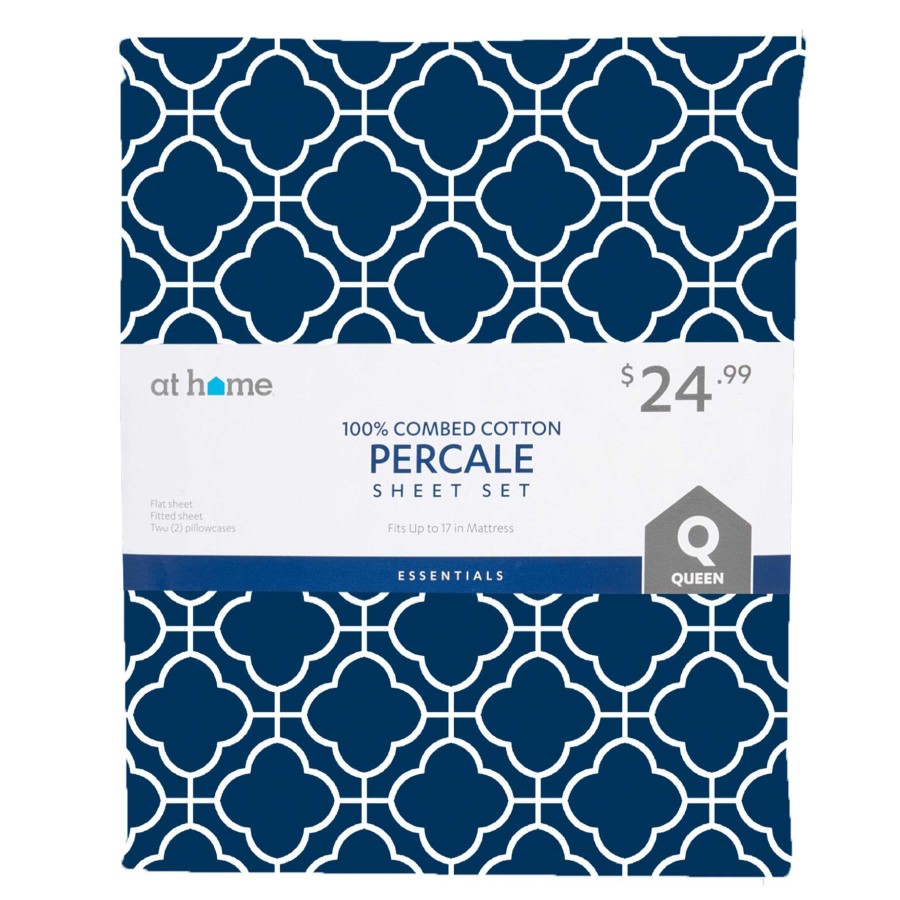 Bedding * | 4-Piece Dark Blue Trellis 100% Cotton Percale Sheet Set, Queen Fashion