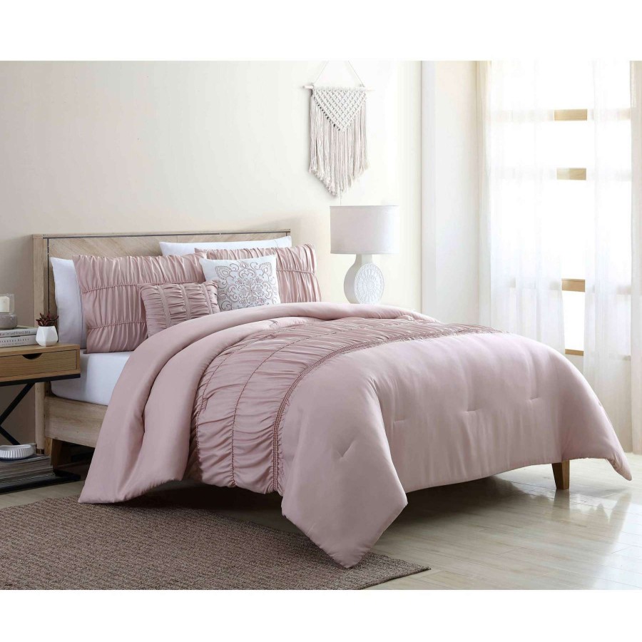 Bedding * | Holly 5-Piece Pink Ruched Comforter Set, Queen Best-Selling