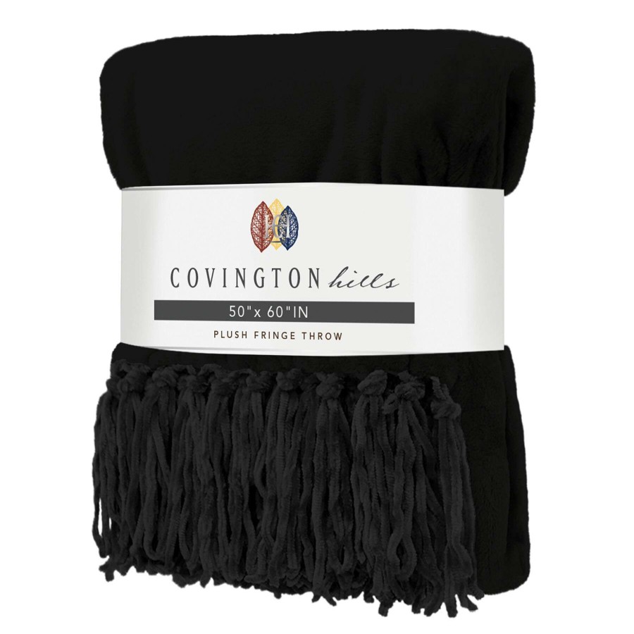 Throw Blankets * | Black Fringe Plush Throw Blanket, 50 60 Gift Selection