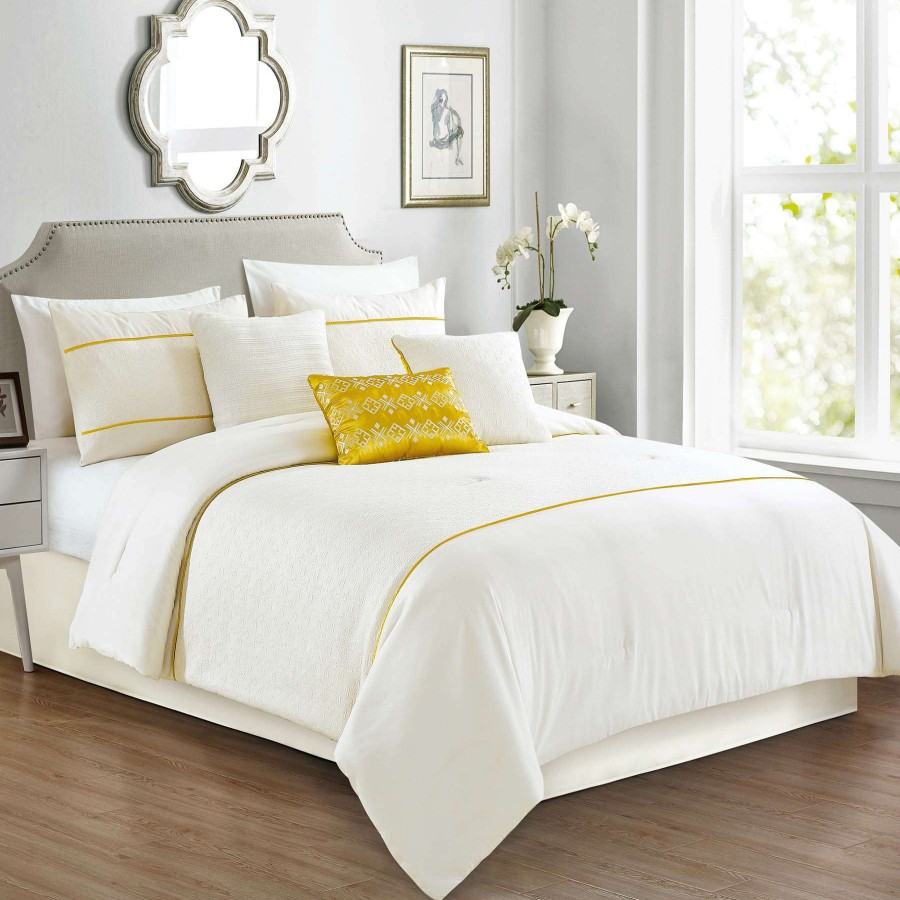 Bedding * | 7-Piece White & Gold Stripe Embellished Comforter Set, King Promotion