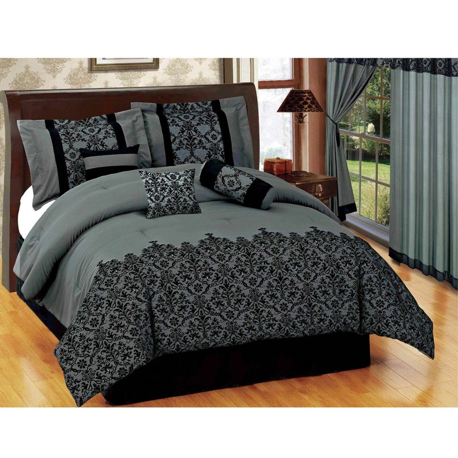 Bedding * | 7-Piece Grey Deluxe Flocked Lace Premium Comforter Set, Queen High Quality