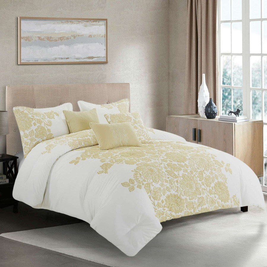 Bedding * | 7-Piece White Floral Jacquard Comforter Set, Queen Fashion