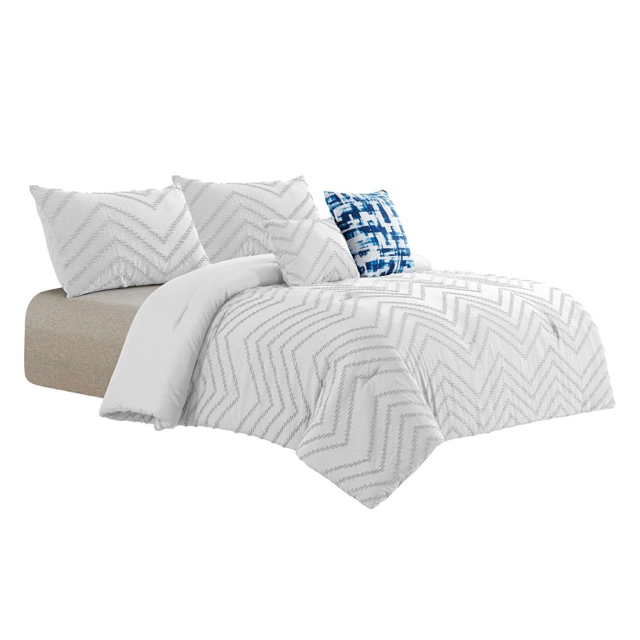 Bedding * | Tracey Boyd 5-Piece White Chevron Comforter Set, Queen Low Price