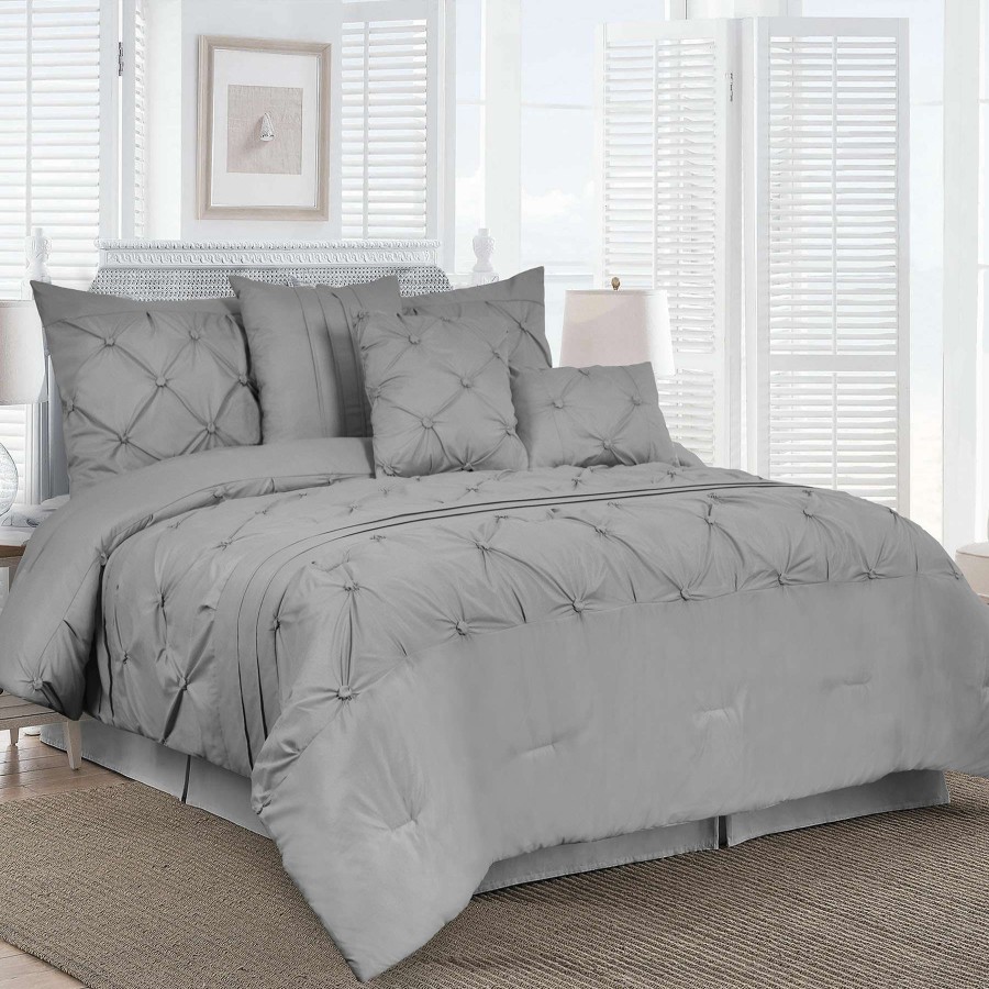 Bedding * | 7-Piece Grey Embroidered Pleated Comforter Set, Queen Free Delivery