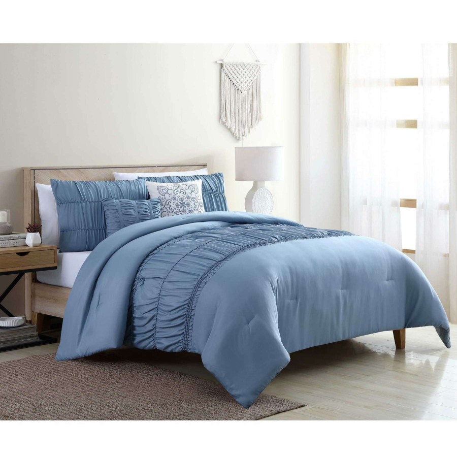 Bedding * | Holly 5-Piece Ruched Blue Comforter Set, Queen Bargain Sale