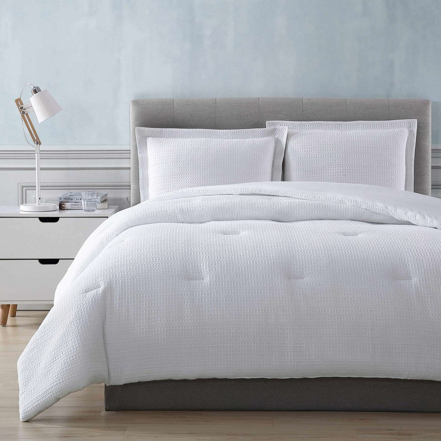 Bedding * | 3-Piece White Cotton Waffle Comforter Set, Queen 100% Guarantee