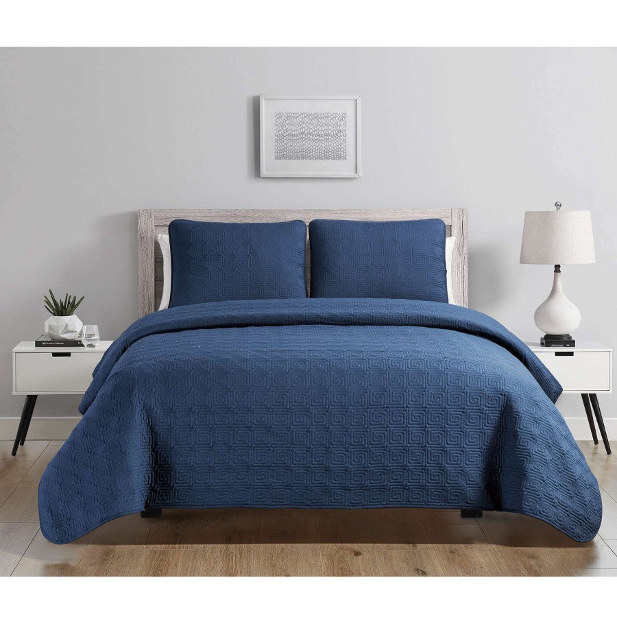 Bedding * | 3-Piece Navy Blue Ettori Stitch Quilt Set, Full/Queen 100% Guarantee