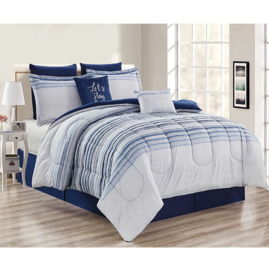 Bedding * | Naledi 8-Piece Blue Striped Comforter Set, Queen Less Expensive