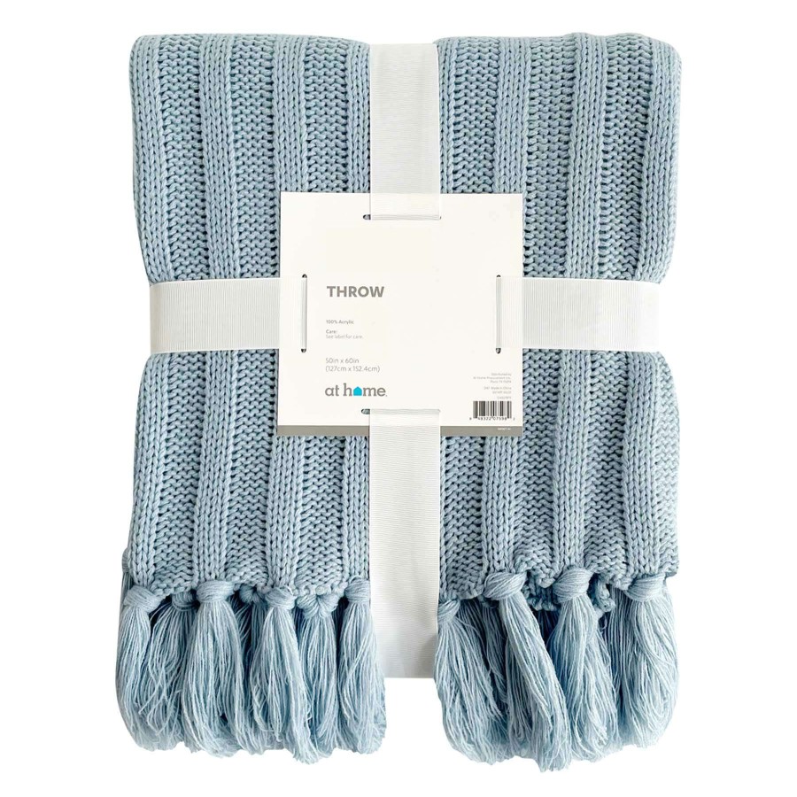 Throw Blankets * | Blue Knit Striped Throw Blanket With Fringe, 50 60 Discounts