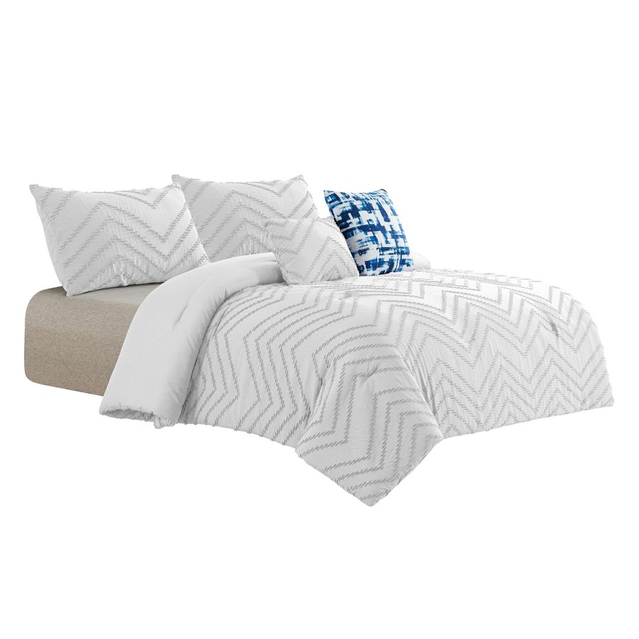 Bedding * | Tracey Boyd 5-Piece White Chevron Clip Comforter Set, King Fashionable