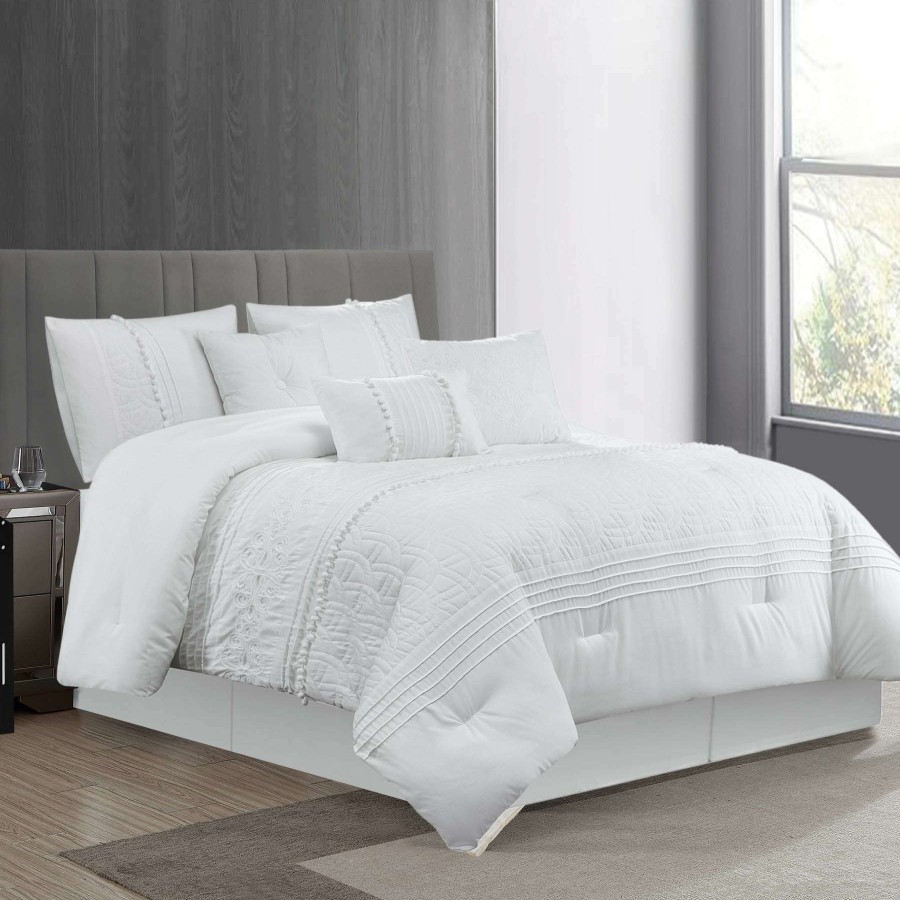 Bedding * | 7-Piece White Embroidered Premium Comforter Set, Queen Low Price