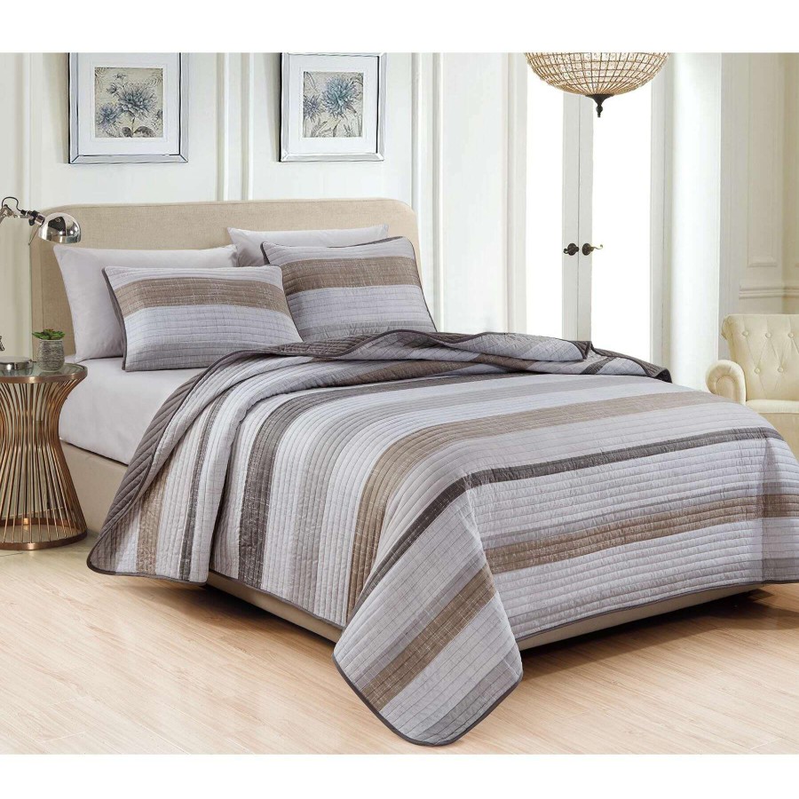 Bedding * | 3-Piece Tan Striped Quilt Set, Full/Queen Featured