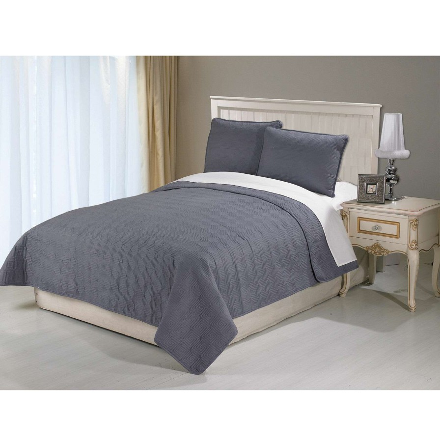 Bedding * | 3-Piece Dark Grey Ettori Stitch Quilt Set, Queen Low Price