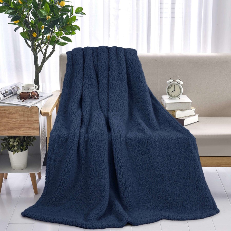 Throw Blankets * | Navy Blue Sherpa Throw Blanket, 50 60 Low Price