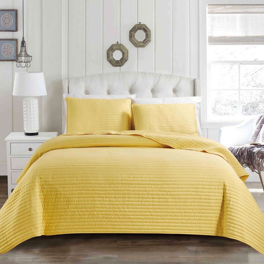 Bedding * | 3-Piece Yellow Striped Quilt Set, King Fashionable