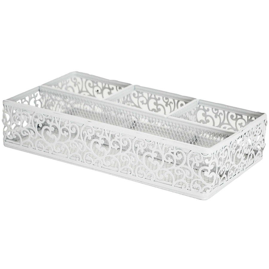 Bath * | Fiore White Punched Metal Rectangular 4 Part Organizer Best Quality