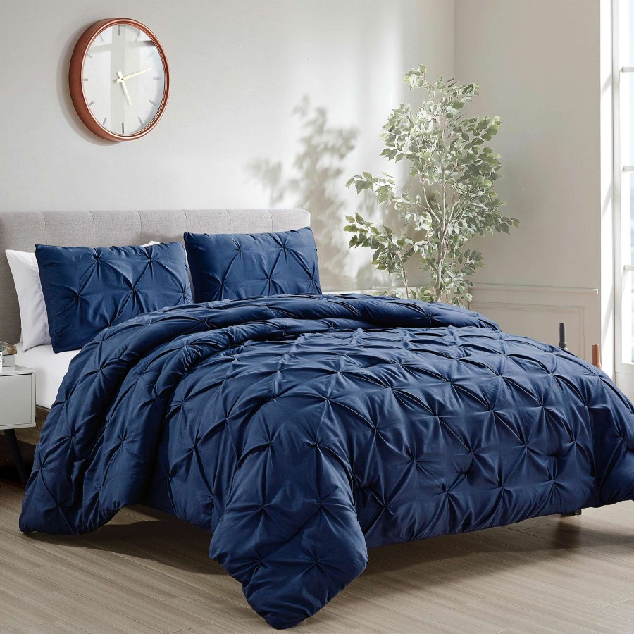 Bedding * | 3-Piece Navy Blue Pintuck Comforter Set, Full/Queen Bargain Sale