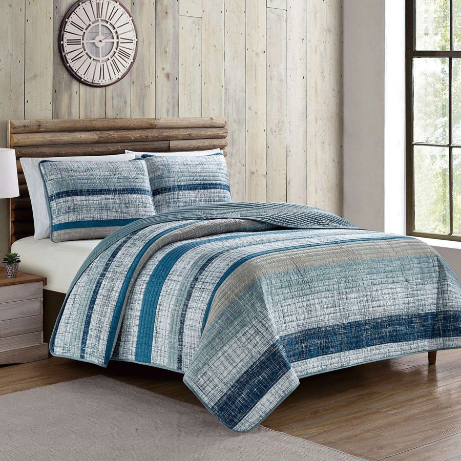 Bedding * | 3-Piece Blue Striped Stitch Quilt Set, King Classical