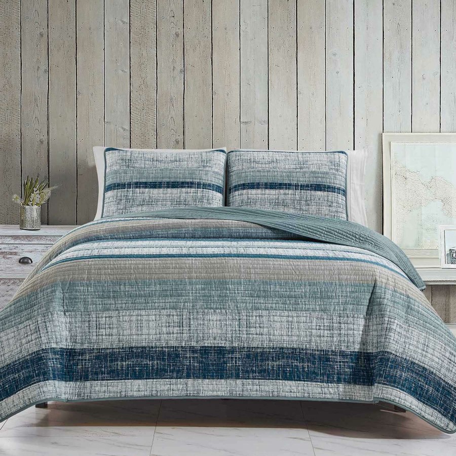 Bedding * | 3-Piece Blue Striped Stitch Quilt Set, King Classical