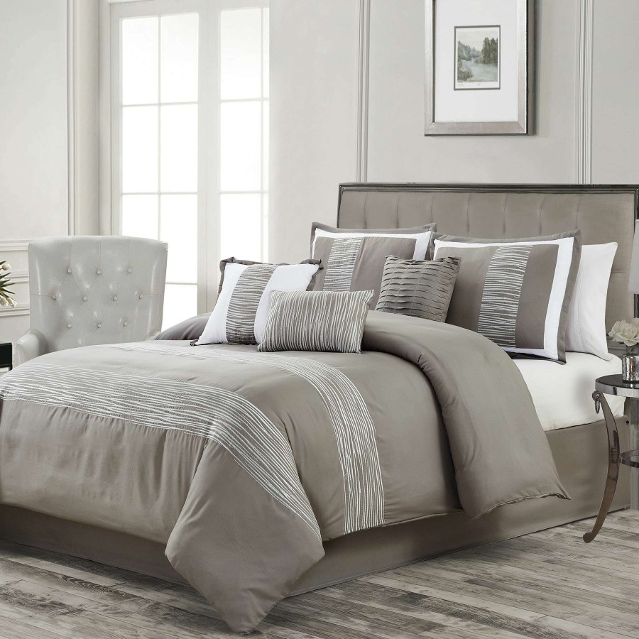 Bedding * | Bali Resort 7-Piece Taupe Embroidered Comforter, Queen Best-Selling