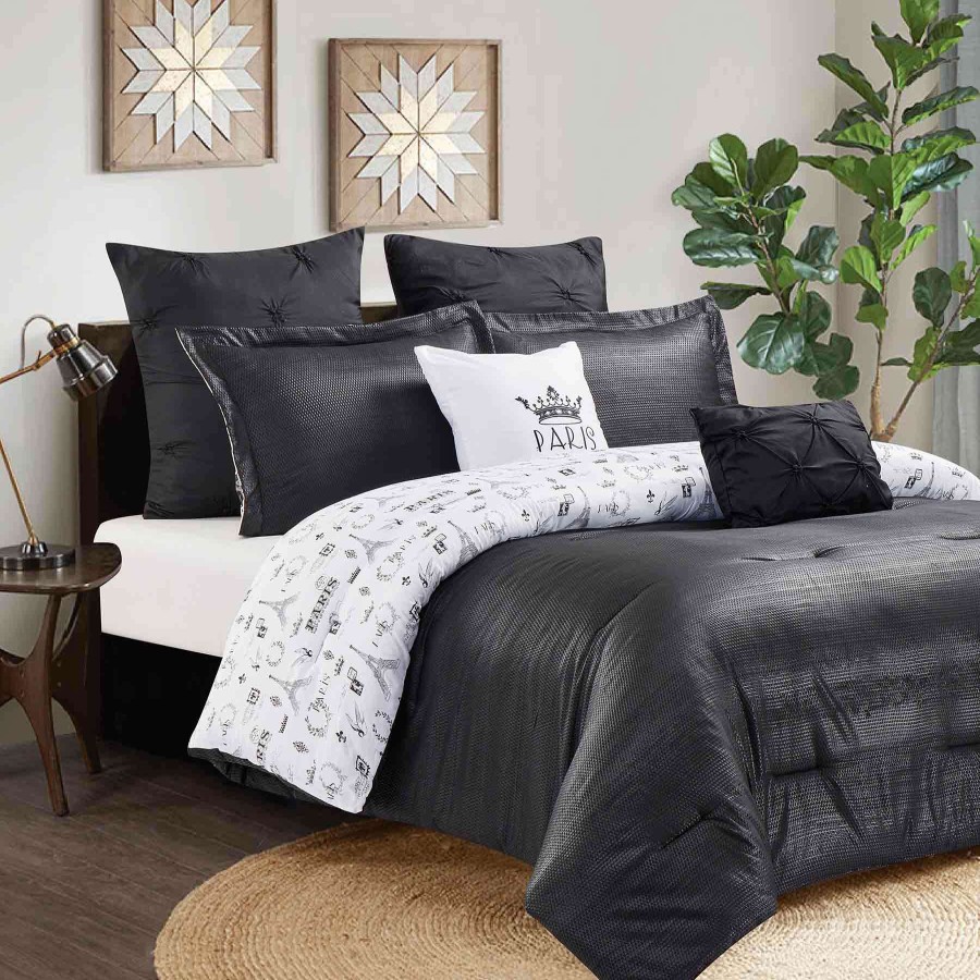 Bedding * | Crinckle 7-Piece Solid Black Comforter Set, Queen Bargain Sale