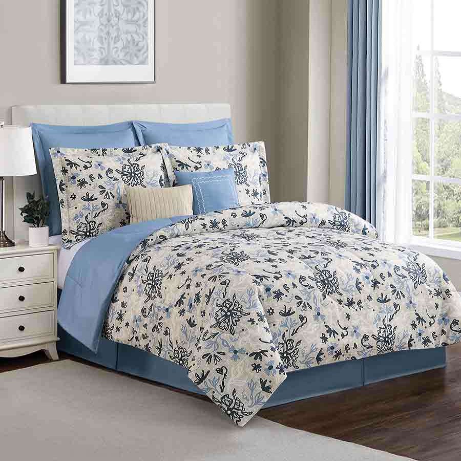 Bedding * | 8-Piece Blue & White Floral Linen Comforter Set, Twin Classical