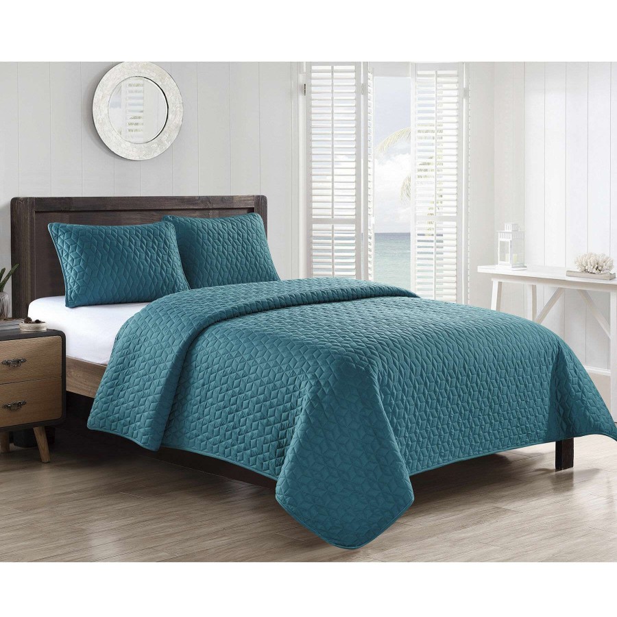 Bedding * | 3-Piece Turquoise Hector Stitch Quilt Set, King Bargain Sale