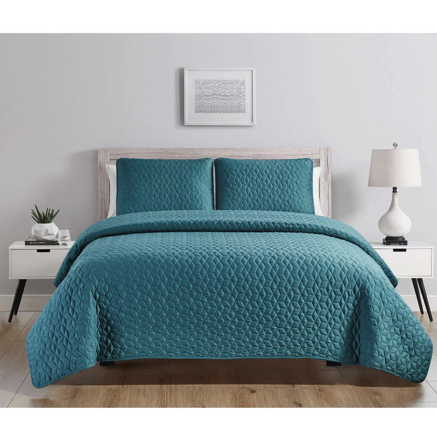 Bedding * | 3-Piece Turquoise Hector Stitch Quilt Set, King Bargain Sale