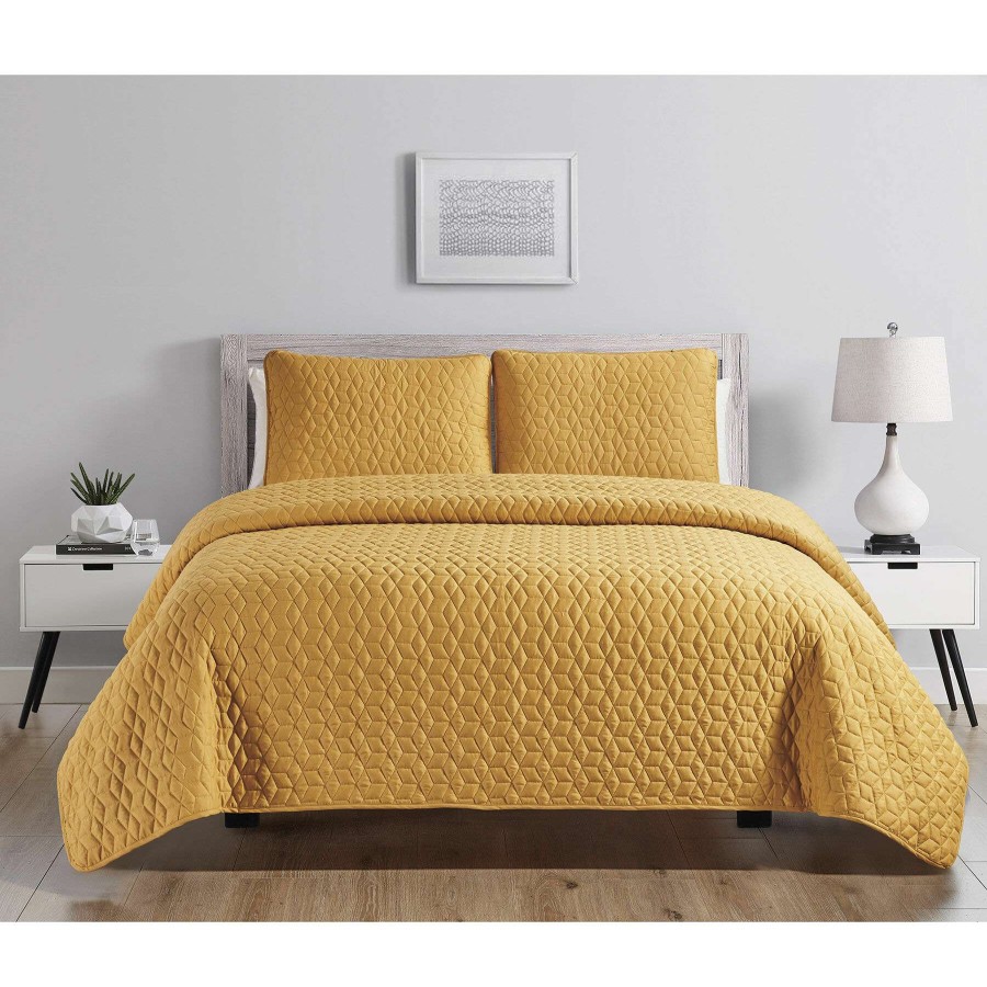 Bedding * | 3-Piece Gold Hector Stitch Quilt Set, Full/Queen 100% Guarantee