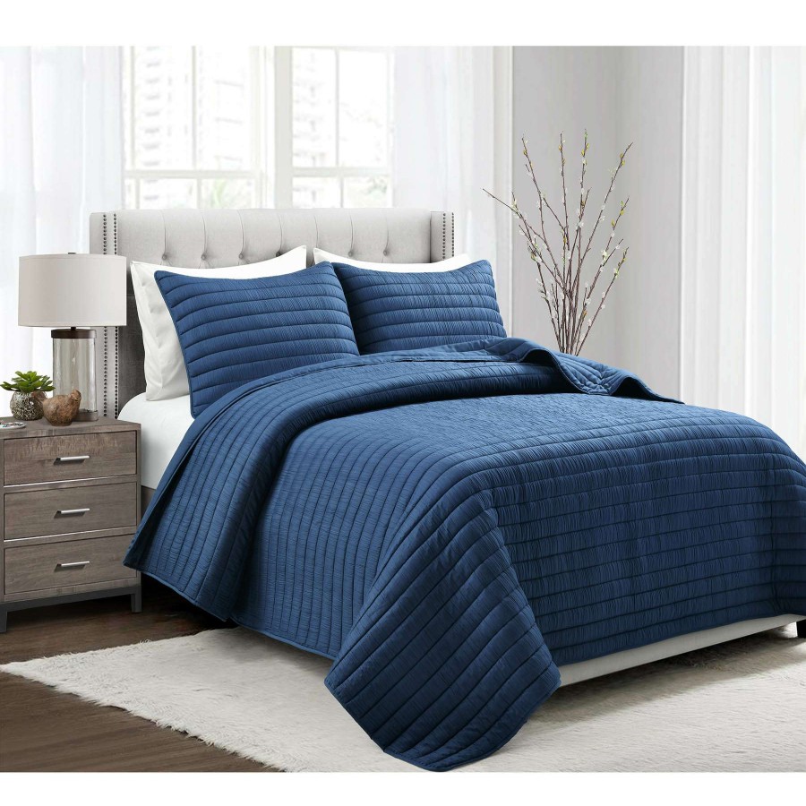 Bedding * | Tracey Boyd 3-Piece Sakura Navy Crinkle Quilt Set, Queen 100% Guarantee