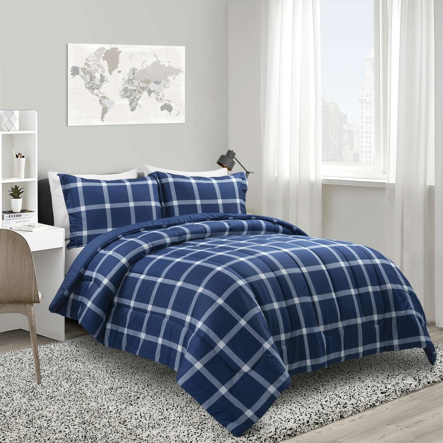 Bedding * | 3-Piece Navy Windowpane Check Comforter Set, Full/Queen Featured